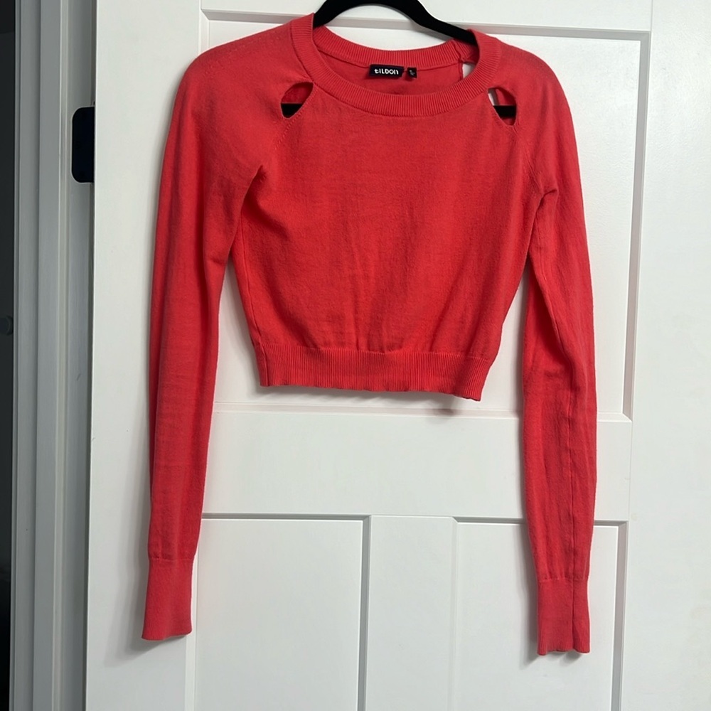 Nordstrom Tildon Cropped Sweater with cut outs hot pink coral EUC XS